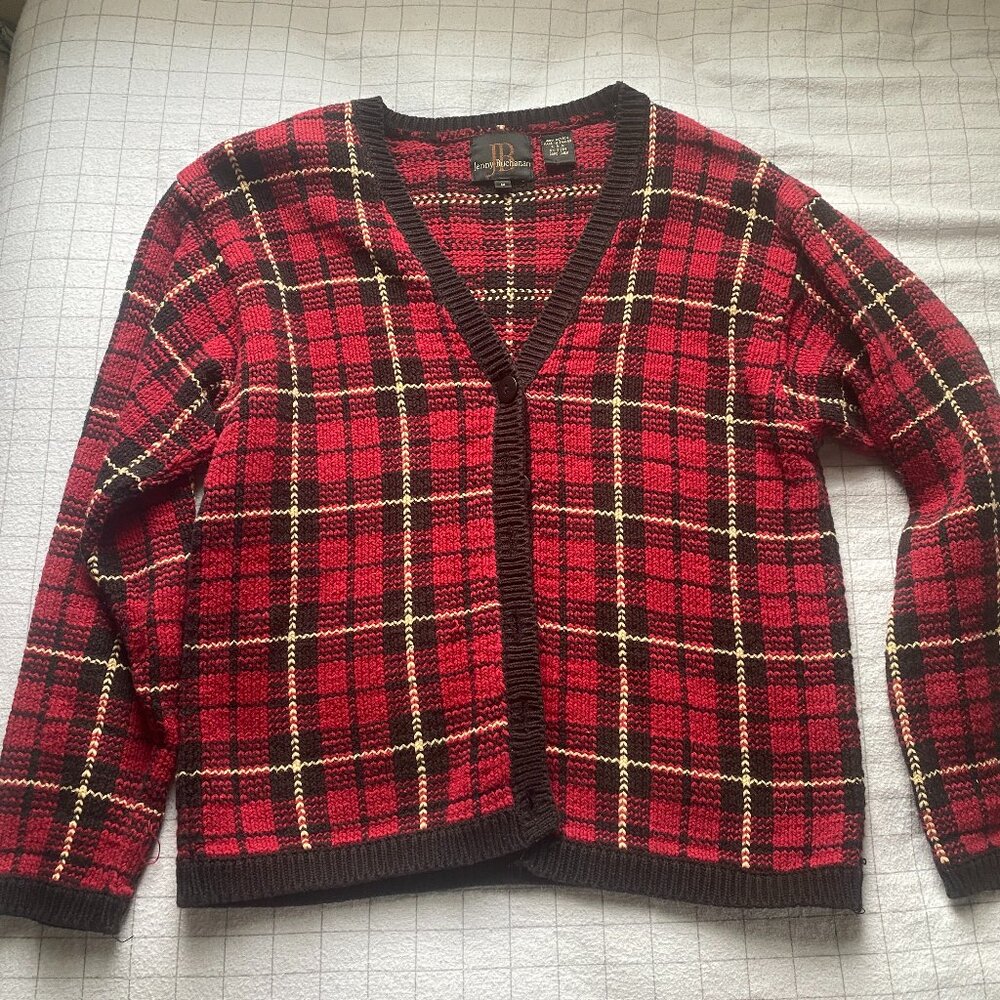 Jenny Buchanan red plaid cardigan sweater size Medium